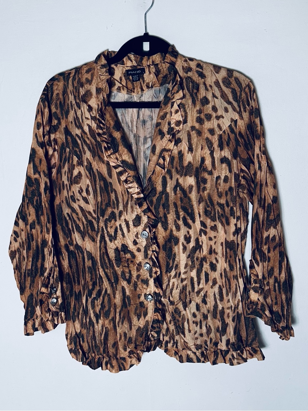 Vintage Y2K PIANO Leopard Print Crinkle Ruffle Blouse Gem Button Top L Mob Wife